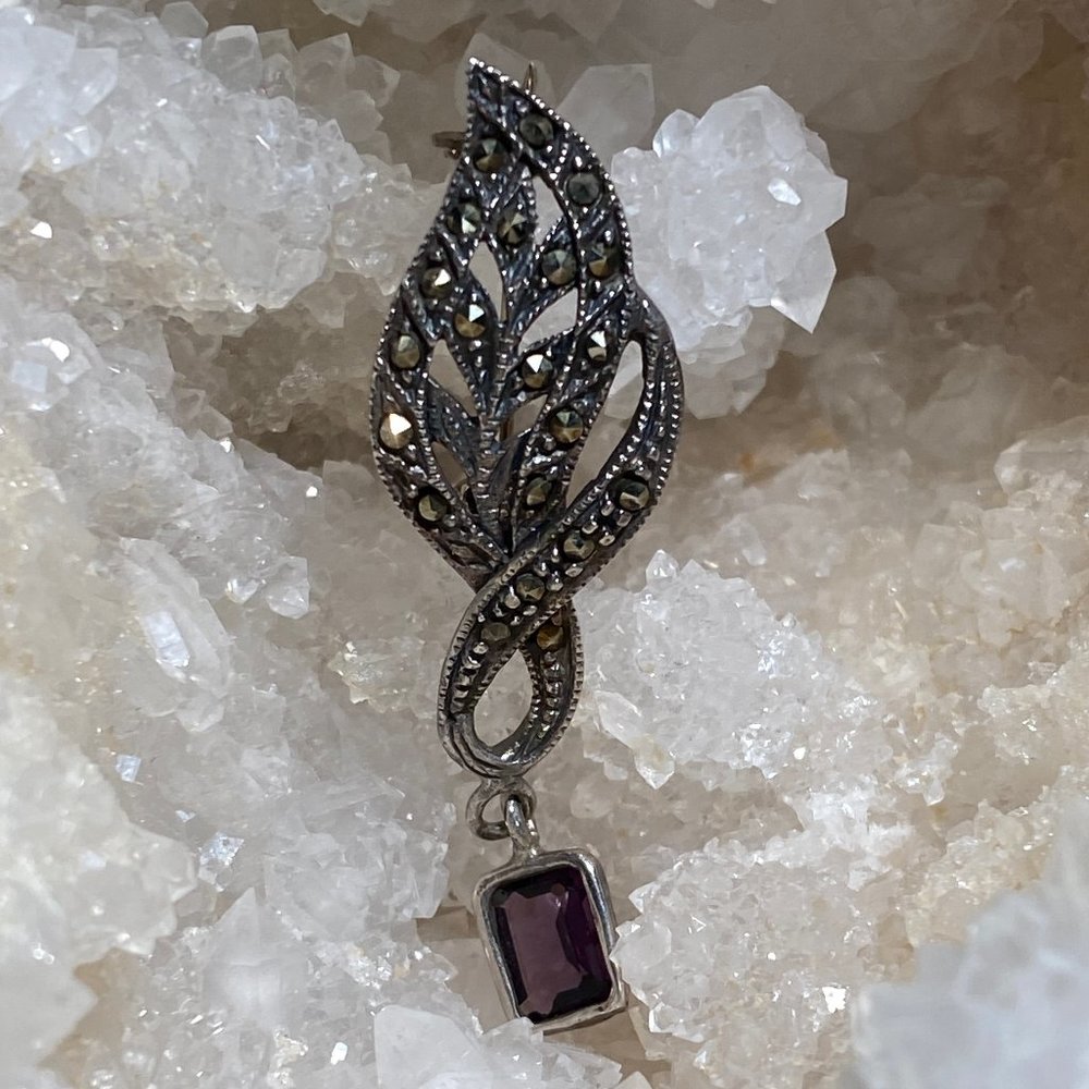 Sterling Silver Marcasite and Amethyst? Drop Pin Brooch